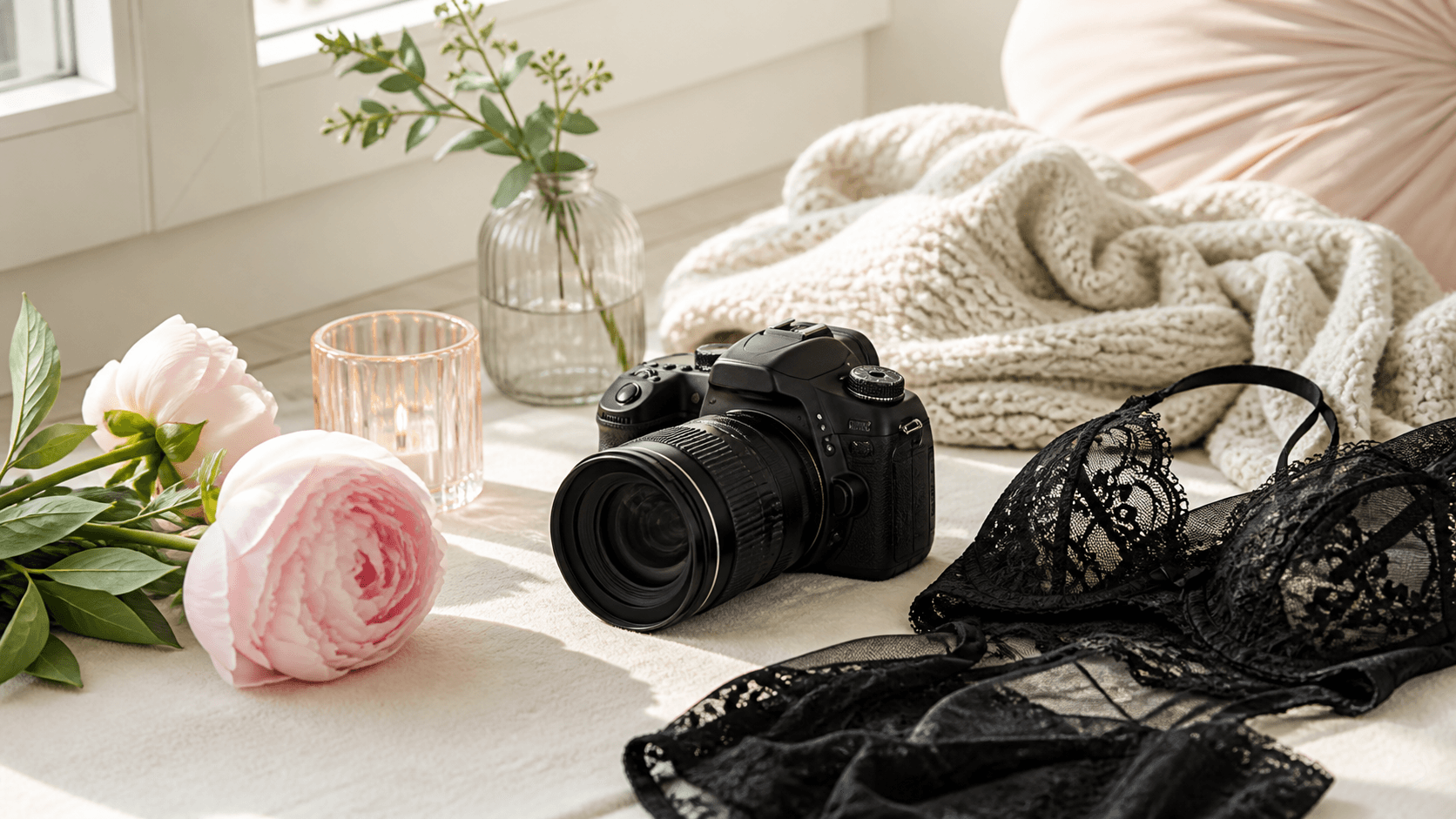 Soft-lit boudoir scene with a woman in lingerie on a bed, neutral tones and sheer curtains in the background.