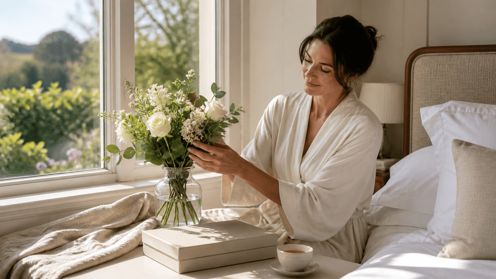 Softly lit woman in a white robe relaxing by a window with a cup of tea and pastel flowers.