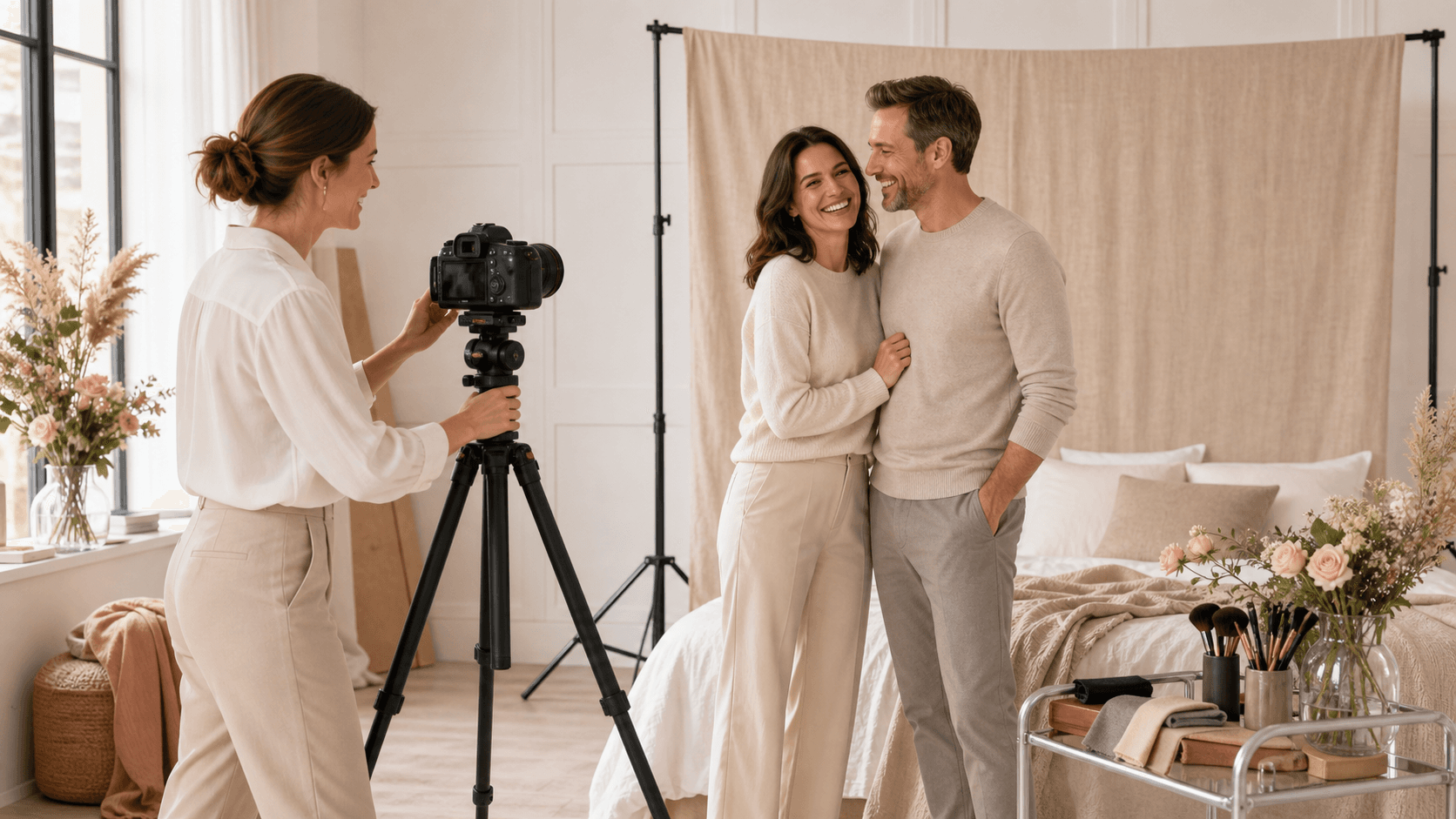 Romantic couple embracing on a bed in soft natural window light, neutral tones and blurred background