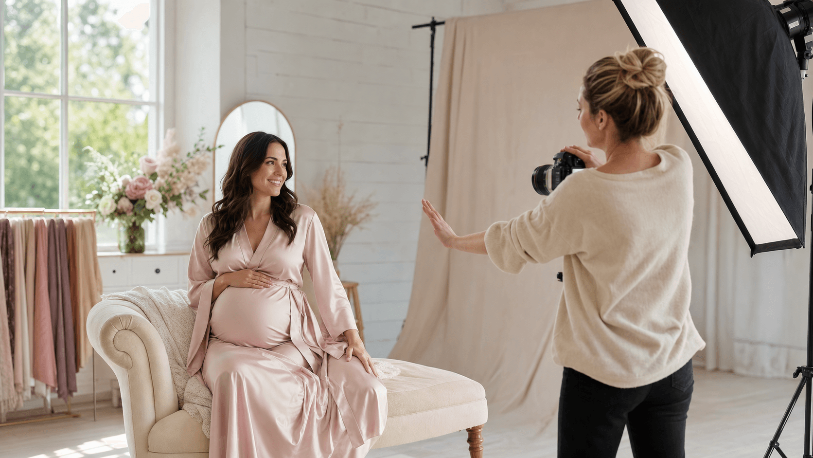 Pregnant woman in white lace lingerie by a sunlit window, soft neutral tones and gentle shadows.